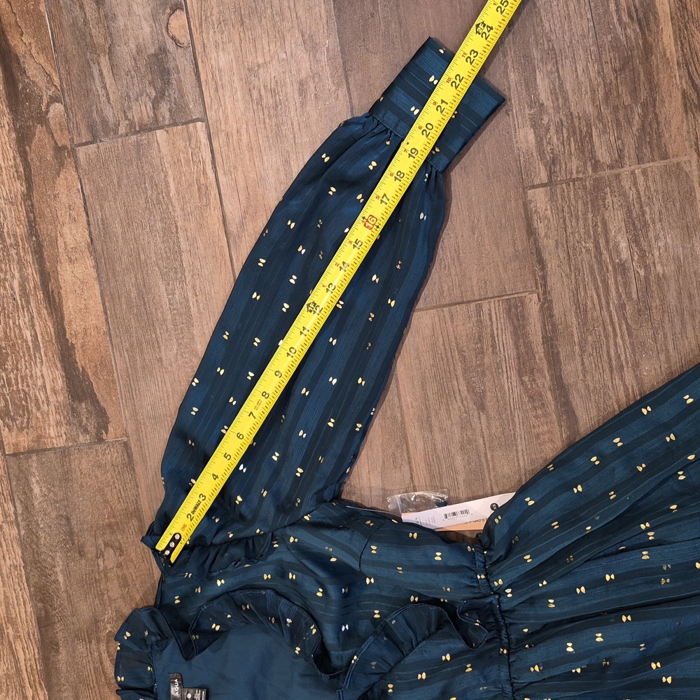 Aqua Ruffle Trim Clip Dot Long Sleeve Midi Wrap Dress, Teal Green & Gold, XS - Picture 9 of 16
